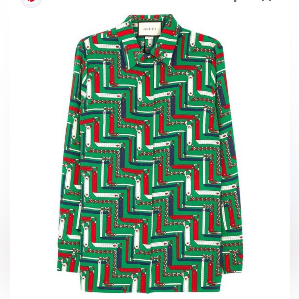 Gucci Green Silk Chain Print; Button Down Shirt in size 36